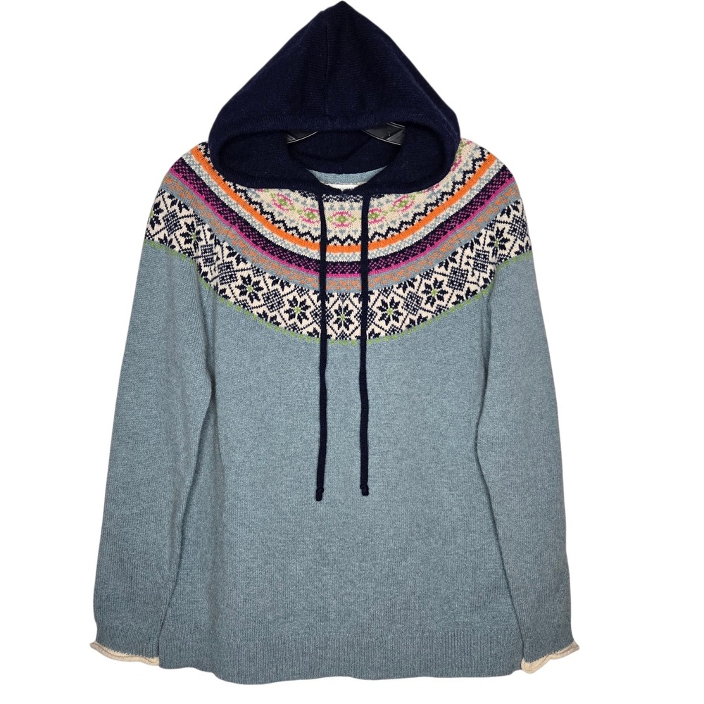 Tabitha Webb Fair Isle Hooded Knit Wool Blend Sweater Blue Nordic Print Small